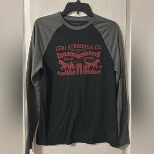 Levi's Men's Long Sleeve Raglan Tee in Black & Gray with Red Logo